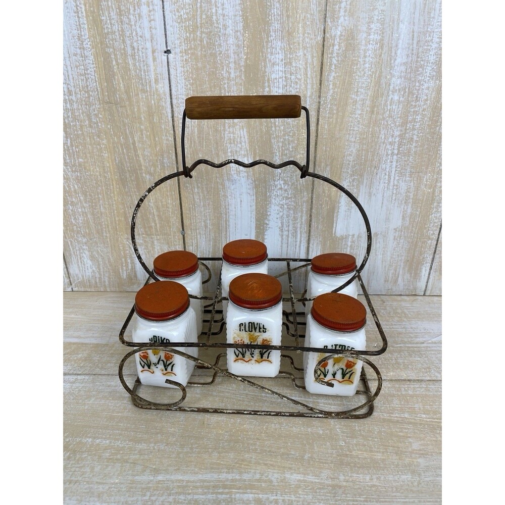 Vintage Spice Rack 6 Jars Red White Milk Glass Dutch 1950's